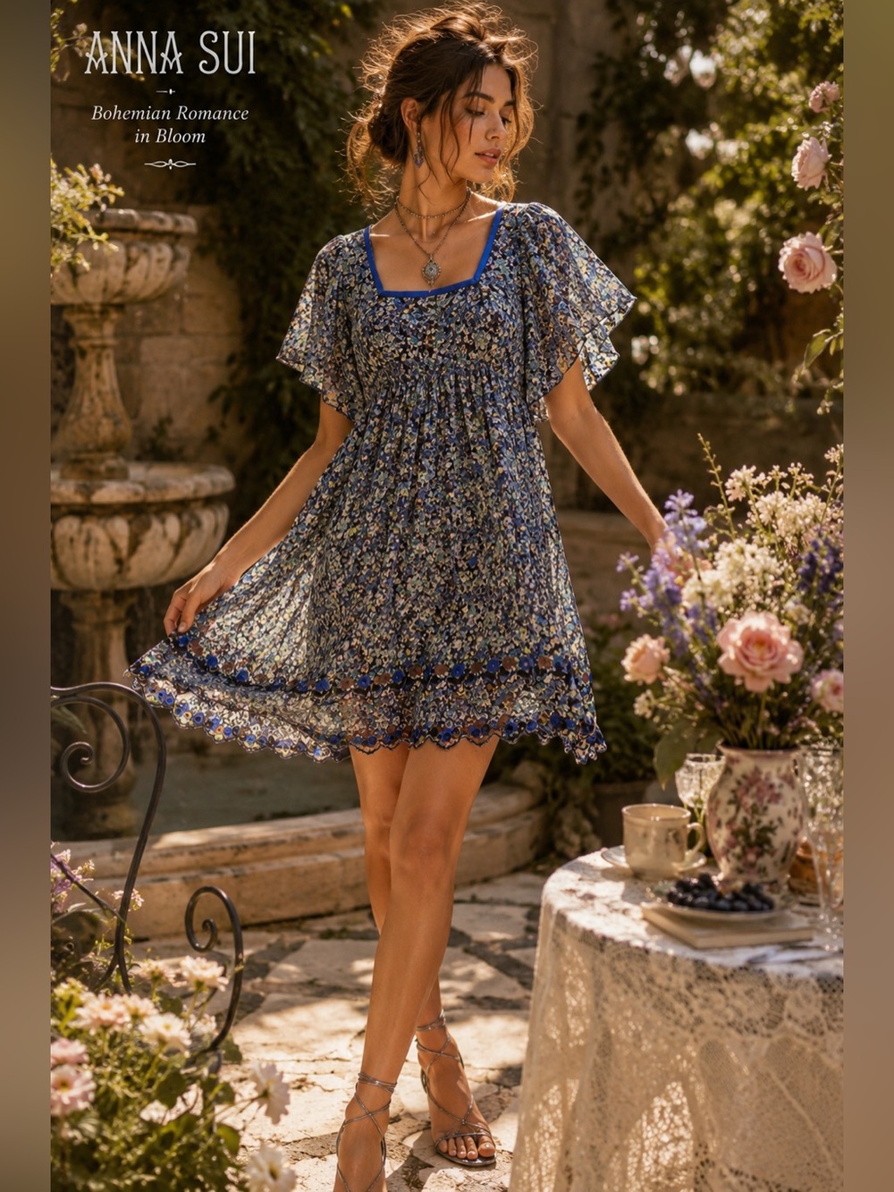 ANNA SUI Blue Floral Embroidered Butterfly Sleeve Boho Designer Dress Y2K Indie